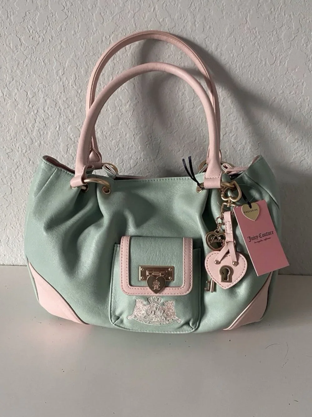 Juicy Couture Royal To Juicy Satchel Bag In Frosty Green Pink W/Charm VIRAL‎ NEW